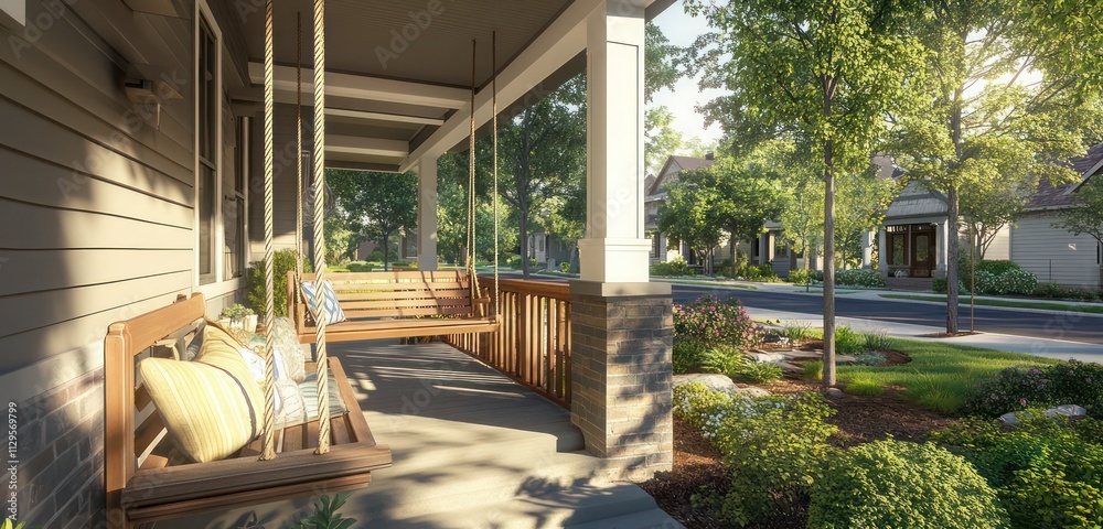 A Craftsman house in a peaceful suburban neighborhood, showcasing a charming porch swing, wooden railings, and beautifully landscaped surroundings