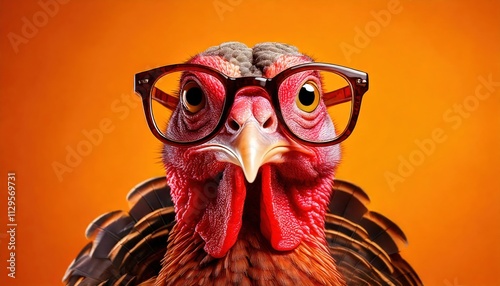  A quirky Thanksgiving turkey wearing oversized glasses, posing humorously against an orange  photo