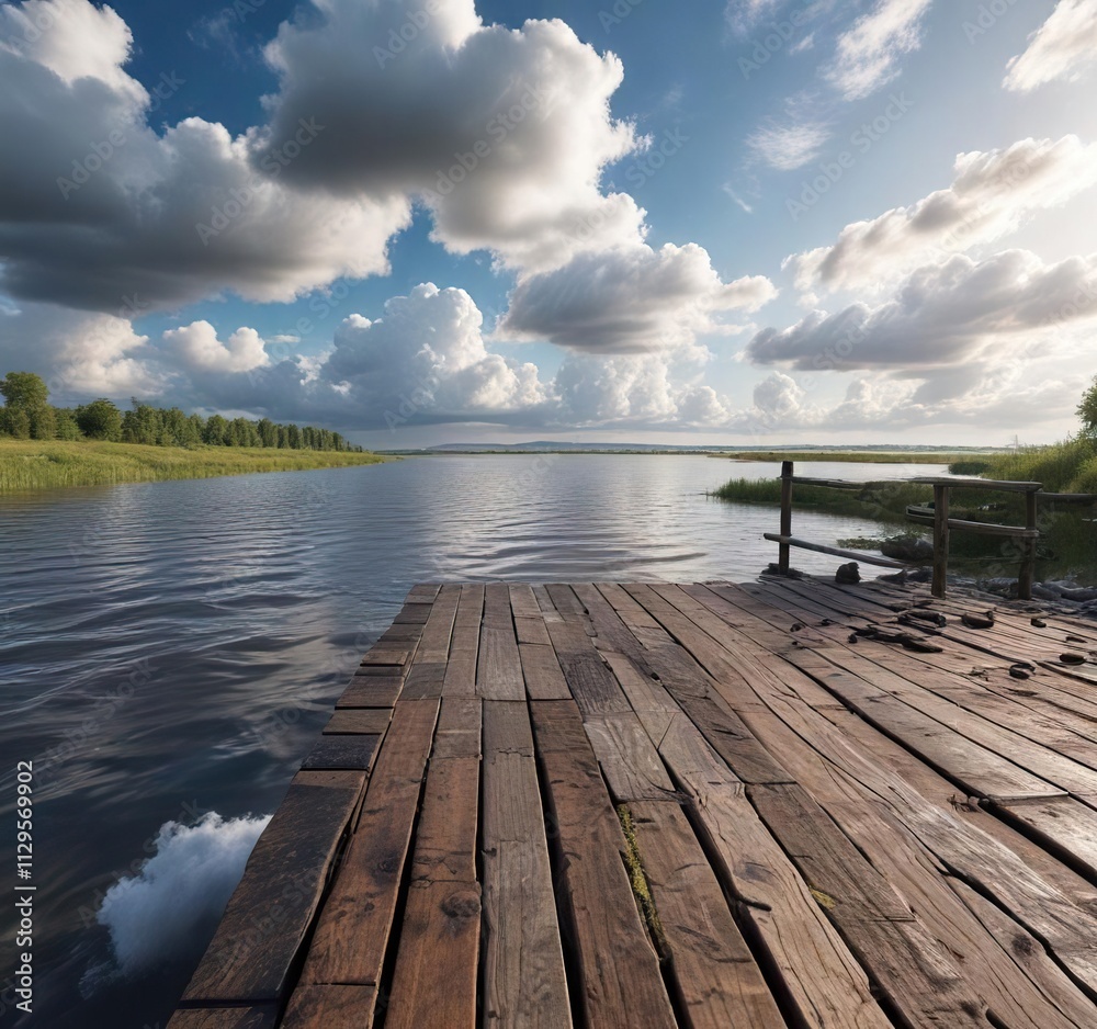 Obraz premium Wooden embankment bordering the river underneath a sky of white clouds, waterscape, coastline