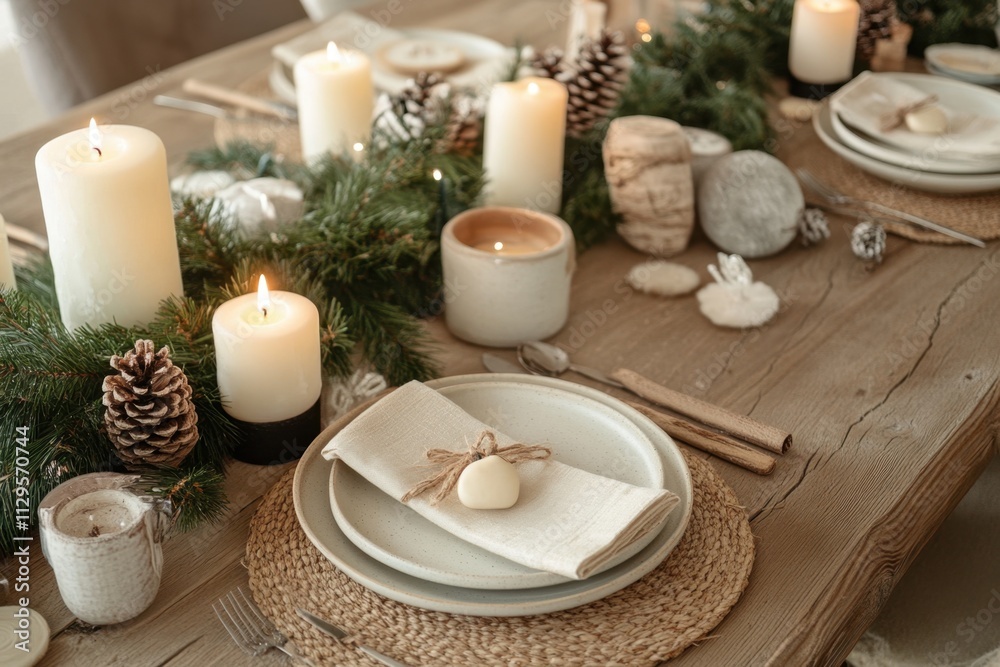 Festive dining table decorated with candles and natural elements for a winter gathering Festive dining table decorated with candles and natural elements for a winter gathering