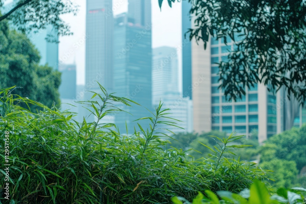 Lush green plants in foreground with blurred city skyline in background. Lush green plants in foreground with blurred city skyline in background.