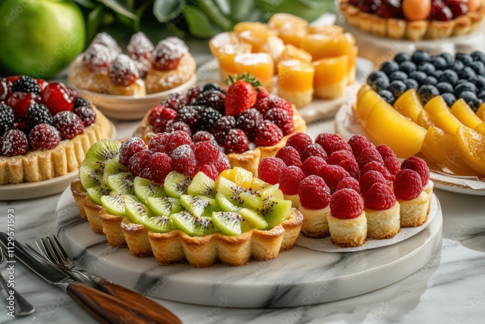 feminine dessert display, colorful fruit tarts and classy pastries on marble counter, a tribute to taste and grace for happy womens day feminine dessert display, colorful fruit tarts and classy pastries on marble counter, a tribute to taste and grace for happy womens day