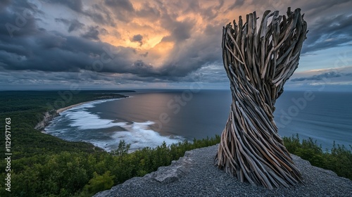 Coastal sunset view with modern wood sculpture. photo