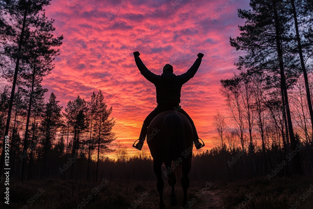 Silhouette of a rider celebrating at sunset in a forest. Silhouette of a rider celebrating at sunset in a forest.