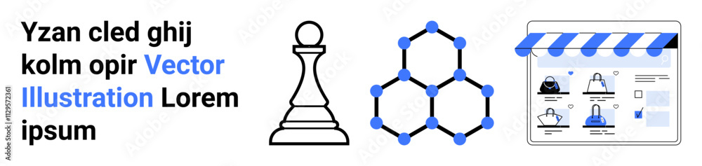 Chess pawn beside molecule structure and online store interface with text. Ideal for e-commerce, business strategy, science learning, online shopping, education, digital marketing, innovation Chess pawn beside molecule structure and online store interface with text. Ideal for e-commerce, business strategy, science learning, online shopping, education, digital marketing, innovation