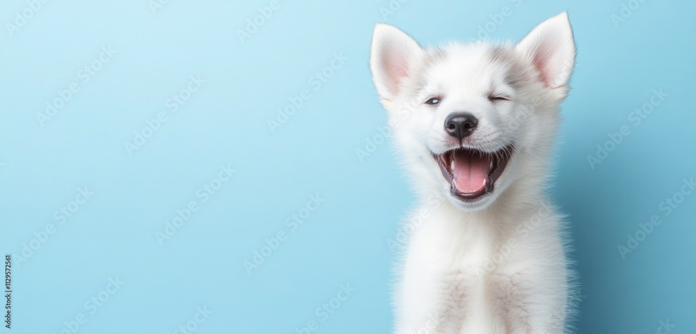 Playful white puppy winking and smiling against a light blue background. Playful white puppy winking and smiling against a light blue background.