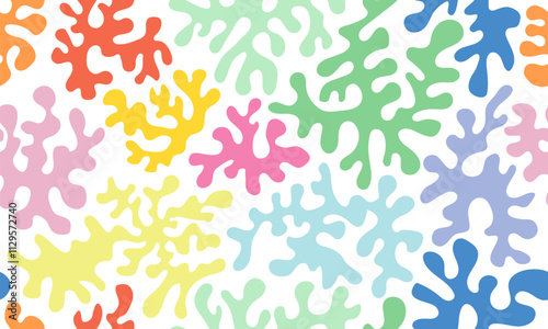 Seamless pattern with abstract seaweed aesthetic element and coral. Ocean plants, underwater marine flora. Cute abstract colorful background, texture