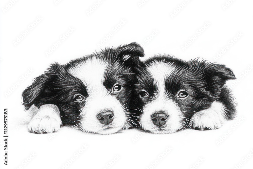 Two adorable black and white border collie puppies cuddling together. Two adorable black and white border collie puppies cuddling together.