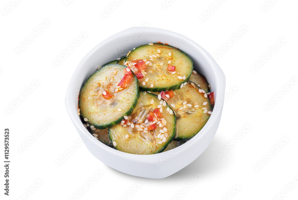 Cucumber spicy asian salad in a bowl on a white isolated background Cucumber spicy asian salad in a bowl on a white isolated background