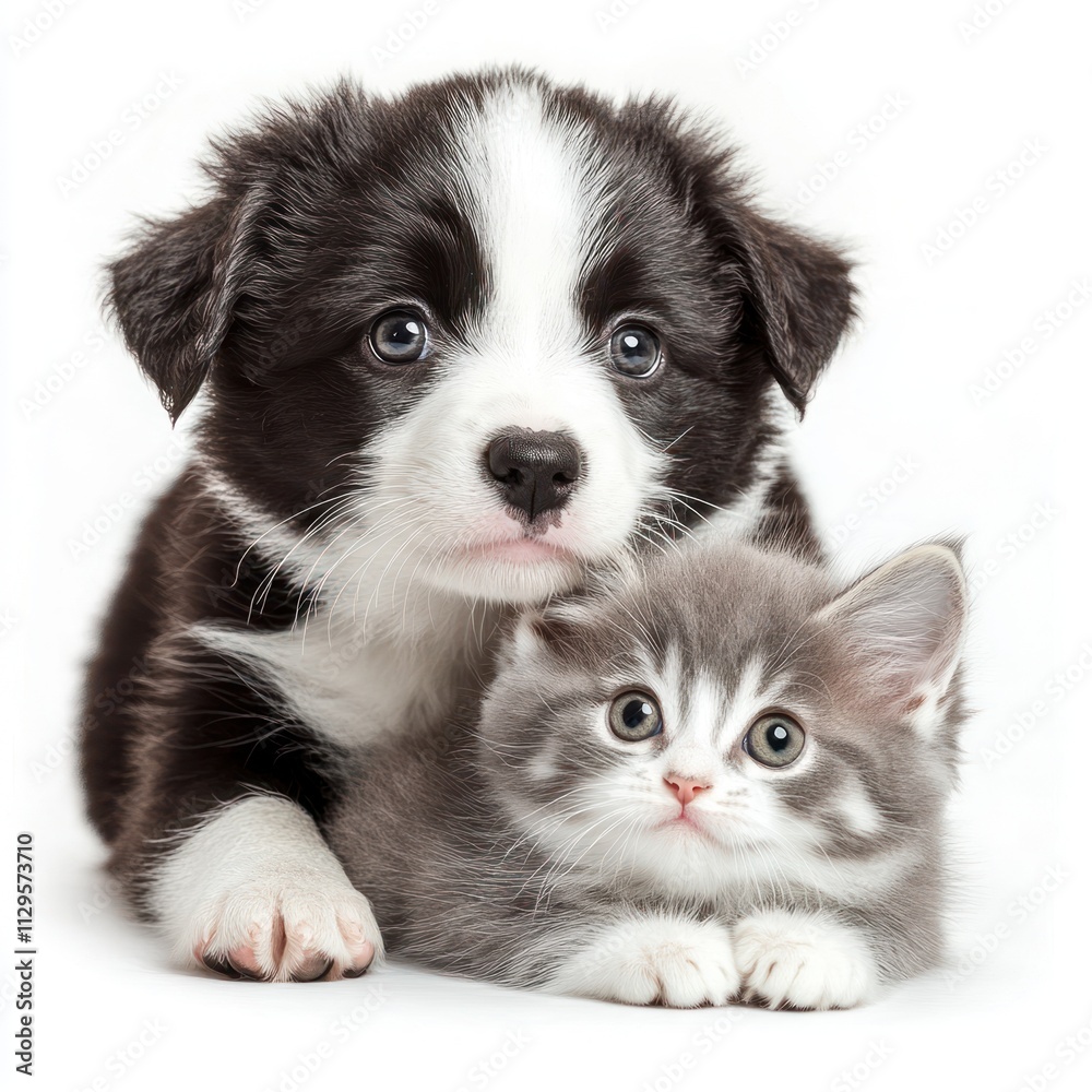 Adorable Border Collie puppy and grey kitten cuddling together on white background. Adorable Border Collie puppy and grey kitten cuddling together on white background.