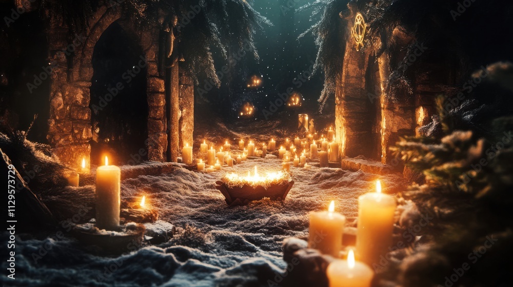 Obraz premium Warm candlelight illuminating a nativity scene