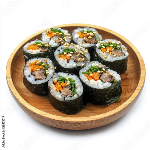 Eight pieces of delicious kimbap on a wooden plate.