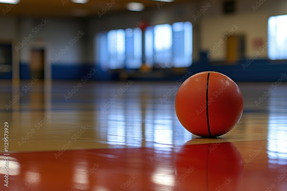 Red ball sits on a shiny indoor court floor. Red ball sits on a shiny indoor court floor.