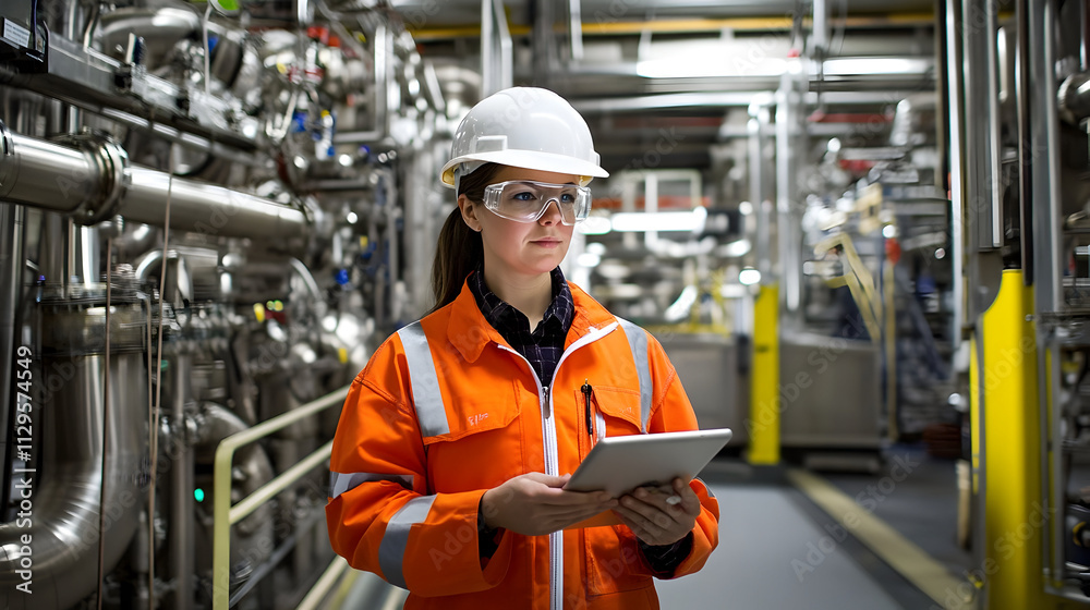 Skilled worker in safety gear conducts assessments in a busy industrial facility while managing equipment operations in a highly technical environment Skilled worker in safety gear conducts assessments in a busy industrial facility while managing equipment operations in a highly technical environment