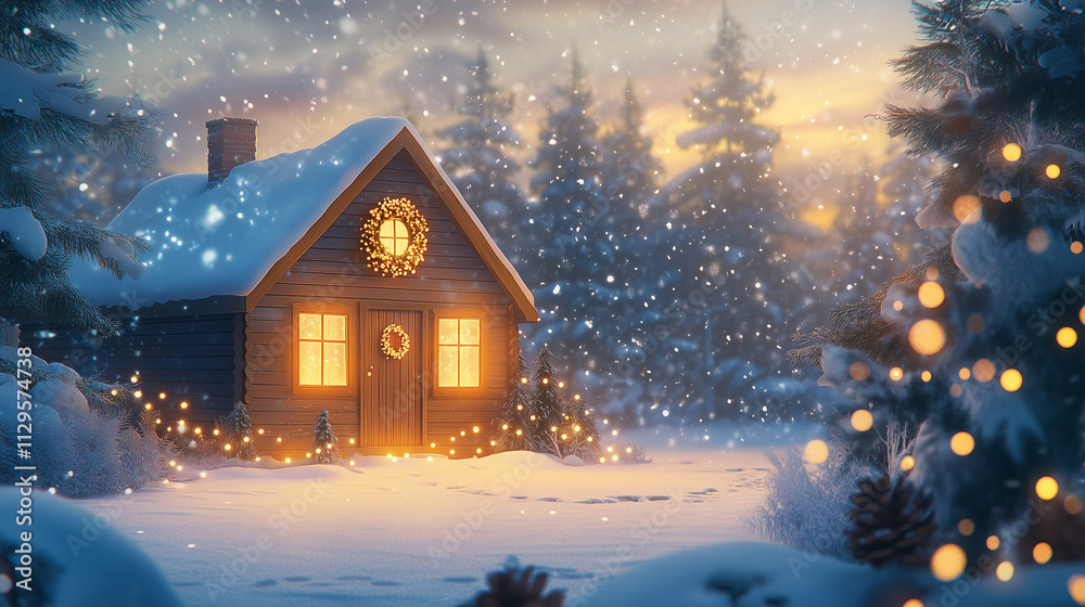 Cozy wooden house with garland in snowy forest at sunset Cozy wooden house with garland in snowy forest at sunset