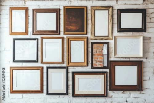 Gallery wall showcasing various empty picture frames arranged in a modern style on a white brick background photo