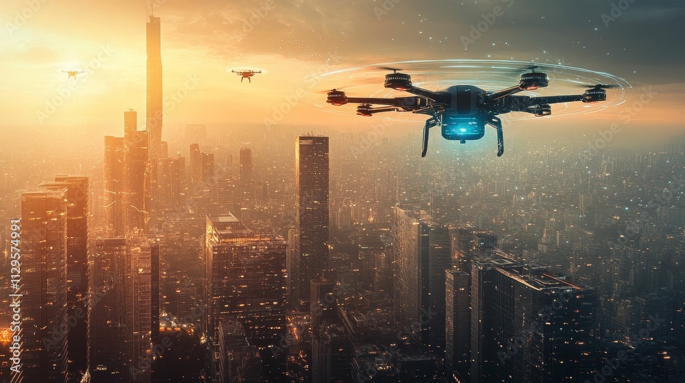 Naklejka premium Drone surveillance over illuminated cityscape at sunset.