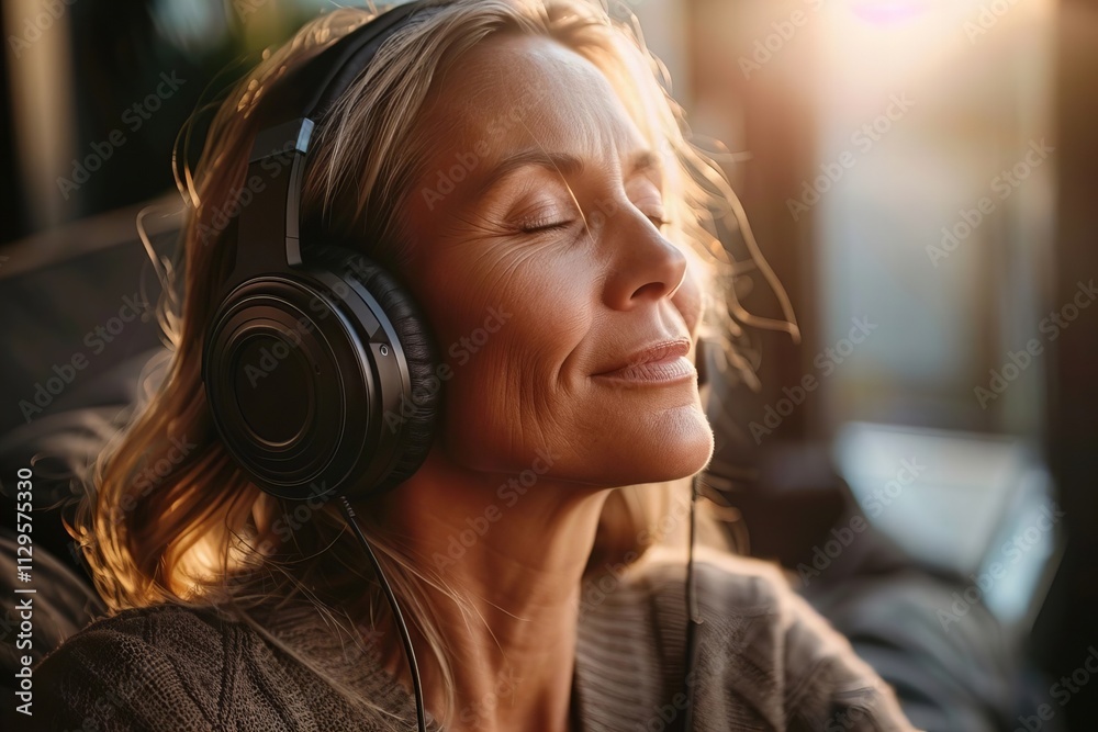 Close-up Image of a Caucasian Woman in Headphones Engaging in Sound Therapy at a Wellness Center. Close-up Image of a Caucasian Woman in Headphones Engaging in Sound Therapy at a Wellness Center.