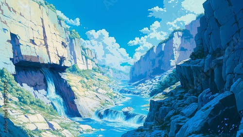 Water flows between canyons in the rock walls. Illustrations that look like a scene from an anime or game background. Blue sky, sun, clouds, sunset, night, fog, snow, rain, autumn, etc. photo