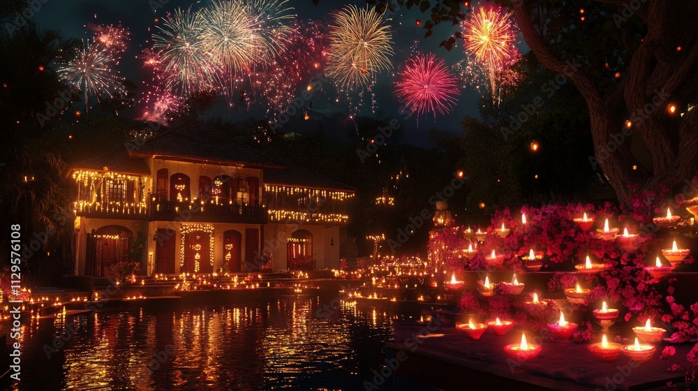 Naklejka premium Traditional Villa Decorated for Diwali with Glowing Festive Lights