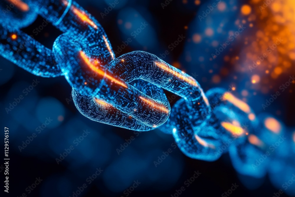 Glowing blue chain links, particles, dark background.
