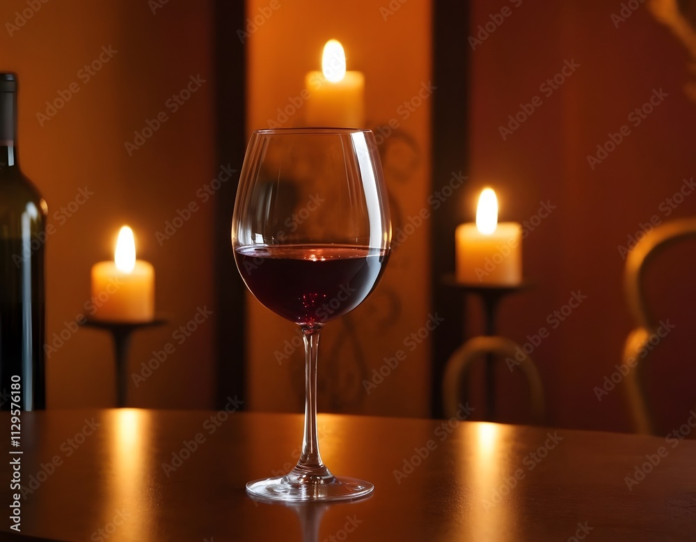 glass of red wine lying on a table in a well decorated room bokeh background Christmas new year happy birthday wedding anniversary valentines day party celebration concept burning candles around