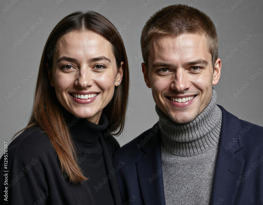 Business partners posing in front of gray background, looking at camera and smiling. Business partners posing in front of gray background, looking at camera and smiling.