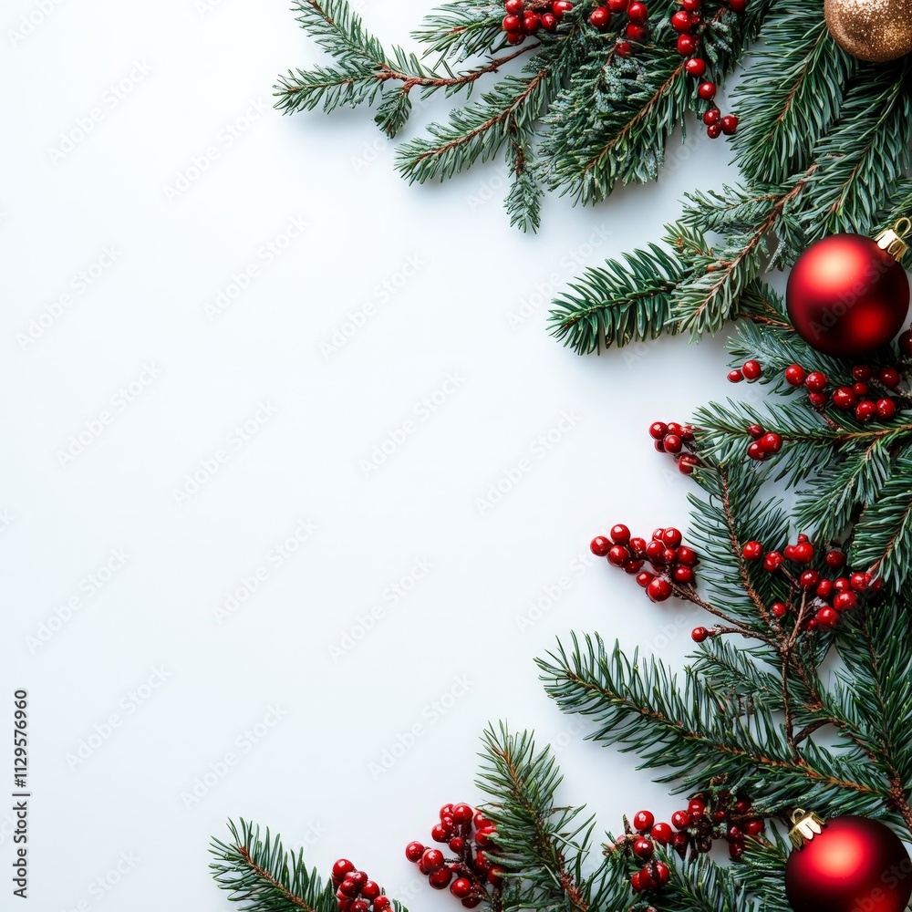 Red and Gold Christmas Frame with Pine Branches Red and Gold Christmas Frame with Pine Branches
