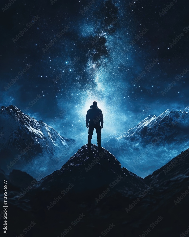 Amazed by the Cosmic Canvas: A Silhouette of a Man Standing Under the Milky Way in a Starry Night Landscape Amazed by the Cosmic Canvas: A Silhouette of a Man Standing Under the Milky Way in a Starry Night Landscape