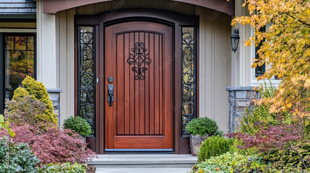 A detailed view of a Craftsman homea??s wooden front door, highlighted by decorative ironwork and surrounded by a well-maintained garden