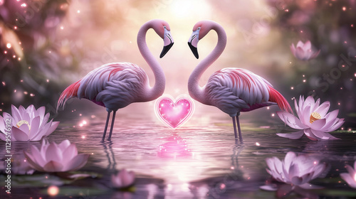 Two elegant flamingos stand facing each other, necks curved, a glowing pink heart between them amidst pink lotus flowers and soft light. Romantic and serene scene. photo