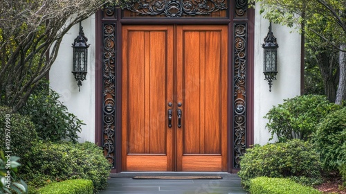 A detailed view of a Craftsman homea??s wooden front door, highlighted by decorative ironwork and surrounded by a well-maintained garden photo