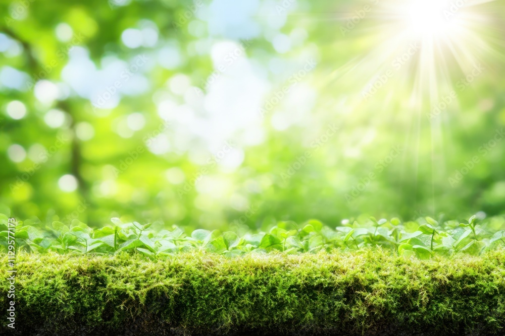 Lush green moss and plants with sunny bokeh background. Lush green moss and plants with sunny bokeh background.