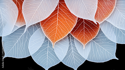 A detailed composition of overlapping frosted leaves in orange and white hues, showcasing intricate vein patterns with a gradient effect that creates a captivating and artistic arrangement. photo