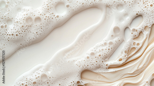 A close-up high-resolution view of white and beige bubbles combined with smooth flowing cream-like textures, creating an abstract composition with intricate details and a surreal artistic aesthetic. photo