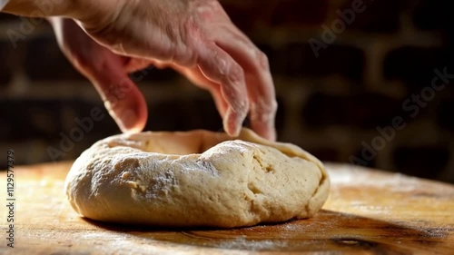 Slow Motion Chef Hands Stretching and Folding Dough with Flour Dust and Wood-Fired Pizza Oven Ambience