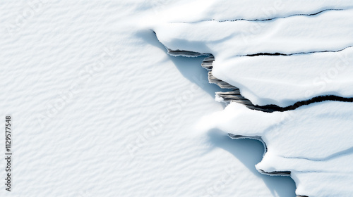 High-resolution top-down view of snow-covered rustic wooden layers with textured minimalist snow patterns, combining natural details with abstract winter aesthetics for a serene composition. photo