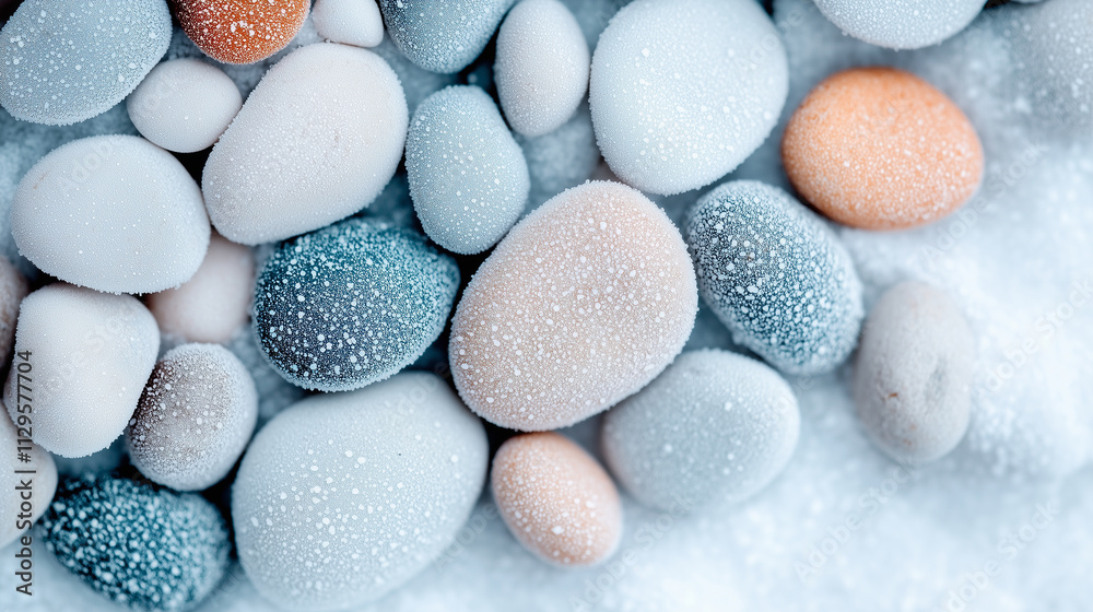 A detailed top-down view of variously sized and frosted multicolored stones on a bed of fine snow, emphasizing textures and vibrant natural colors in a high-resolution artistic composition. A detailed top-down view of variously sized and frosted multicolored stones on a bed of fine snow, emphasizing textures and vibrant natural colors in a high-resolution artistic composition.