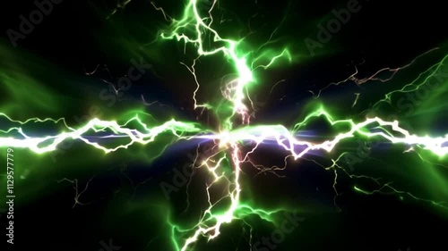 Vivid Green Lightning Bolts on Dark Background: Dynamic Energy Motion Design photo