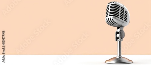 3d rendering of a vintage microphone on a stand. the microphone is silver in color and has a round shape with a curved top and a round base. photo