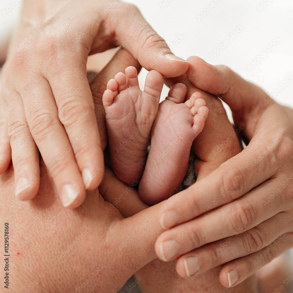 A newborn baby's feet in daddy's hands close-up. High quality photo A newborn baby's feet in daddy's hands close-up. High quality photo