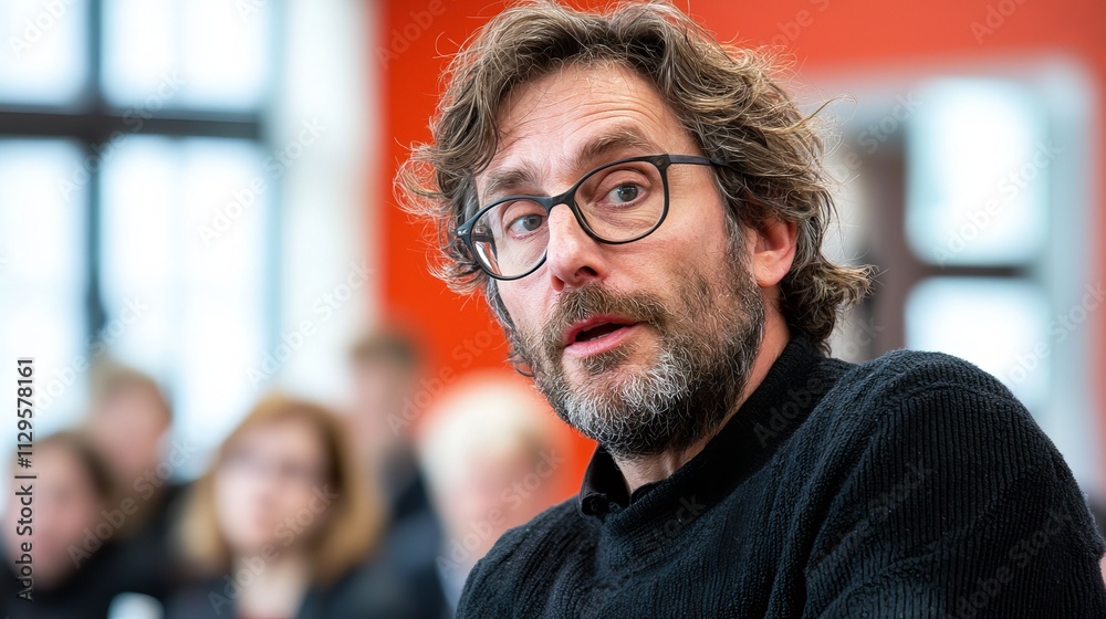A middle-aged Caucasian man with curly hair and glasses, engaged in a passionate discussion.