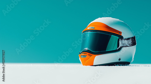 A sleek snowmobile helmet featuring a bright orange and white design with a frosted visor rests on pristine snow, set against a bold teal background for a dynamic and modern winter composition. photo