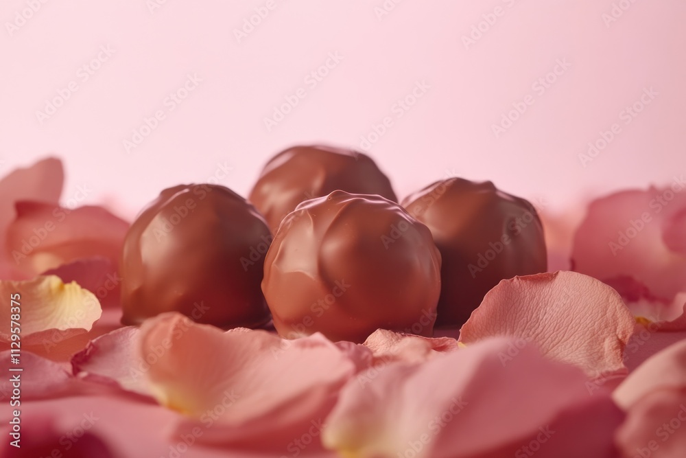 Close-up of milk chocolate truffles nestled amongst delicate rose petals on a pink background.