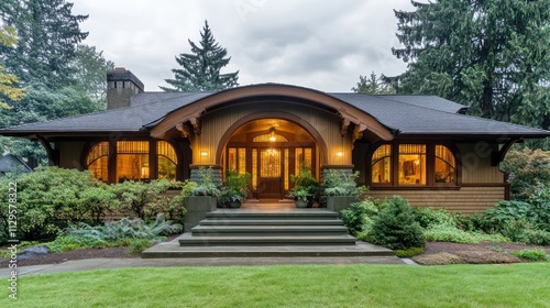 A front view of a Craftsman home, showcasing its inviting porch, arched windows, and natural wood finishes that blend seamlessly with the landscape