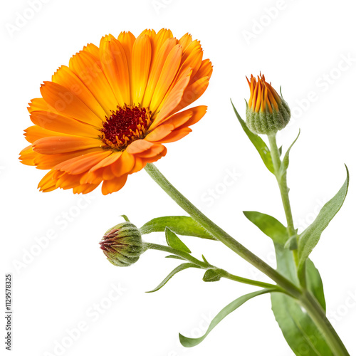 Bright orange calendula flower with and fresh green stems, accompanied by a bud, isolated on a transparent background.
