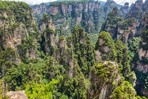 Natural quartz sandstone pillars the Avatar Hallelujah Mountain (1080) located in the Zhangjiajie National Forest Park in the Wulingyuan Area in northwestern Hunan Province China.