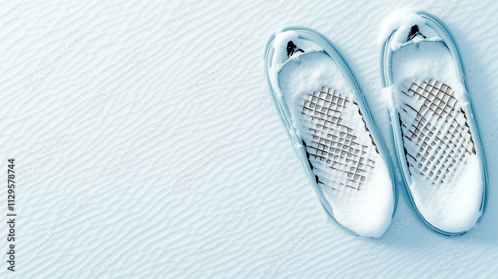A minimalist top-down view features a pair of snowshoes dusted with snow, showcasing intricate crisscross patterns, placed on textured snow ripples under soft lighting in a winter setting. A minimalist top-down view features a pair of snowshoes dusted with snow, showcasing intricate crisscross patterns, placed on textured snow ripples under soft lighting in a winter setting.