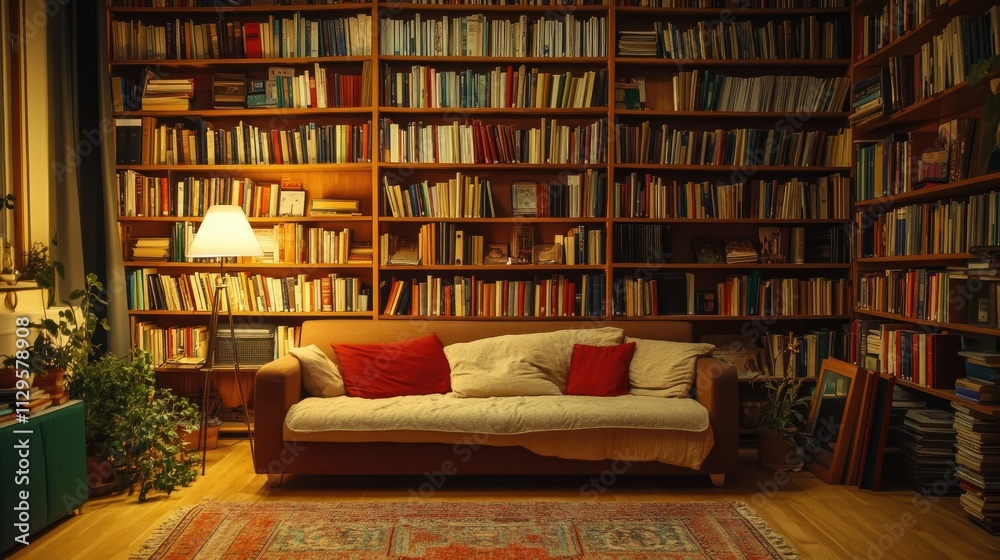 A cozy reading corner in a library with a large bookcase full of books, a vintage lamp, and a comfortable sofa for ultimate relaxation A cozy reading corner in a library with a large bookcase full of books, a vintage lamp, and a comfortable sofa for ultimate relaxation