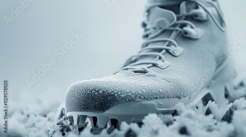 Detailed view of a frost-covered crampon highlighting its rugged spikes and icy surface, showcasing durability and performance in extreme winter conditions with subtle ambient lighting.